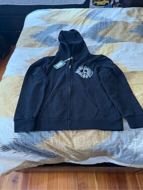Denim Tears University Black Zip-Up Hoodie with Floral Crest Accent Size M